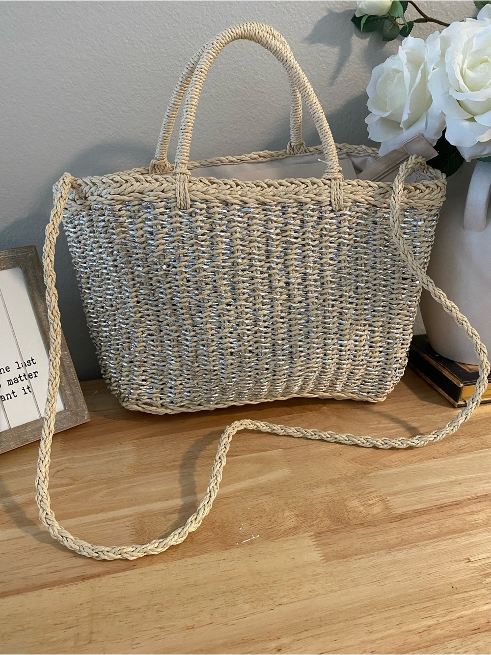 Miss Bela 
Woven Neutral Straw Tote with Braided Shoulder Strap 100% paper